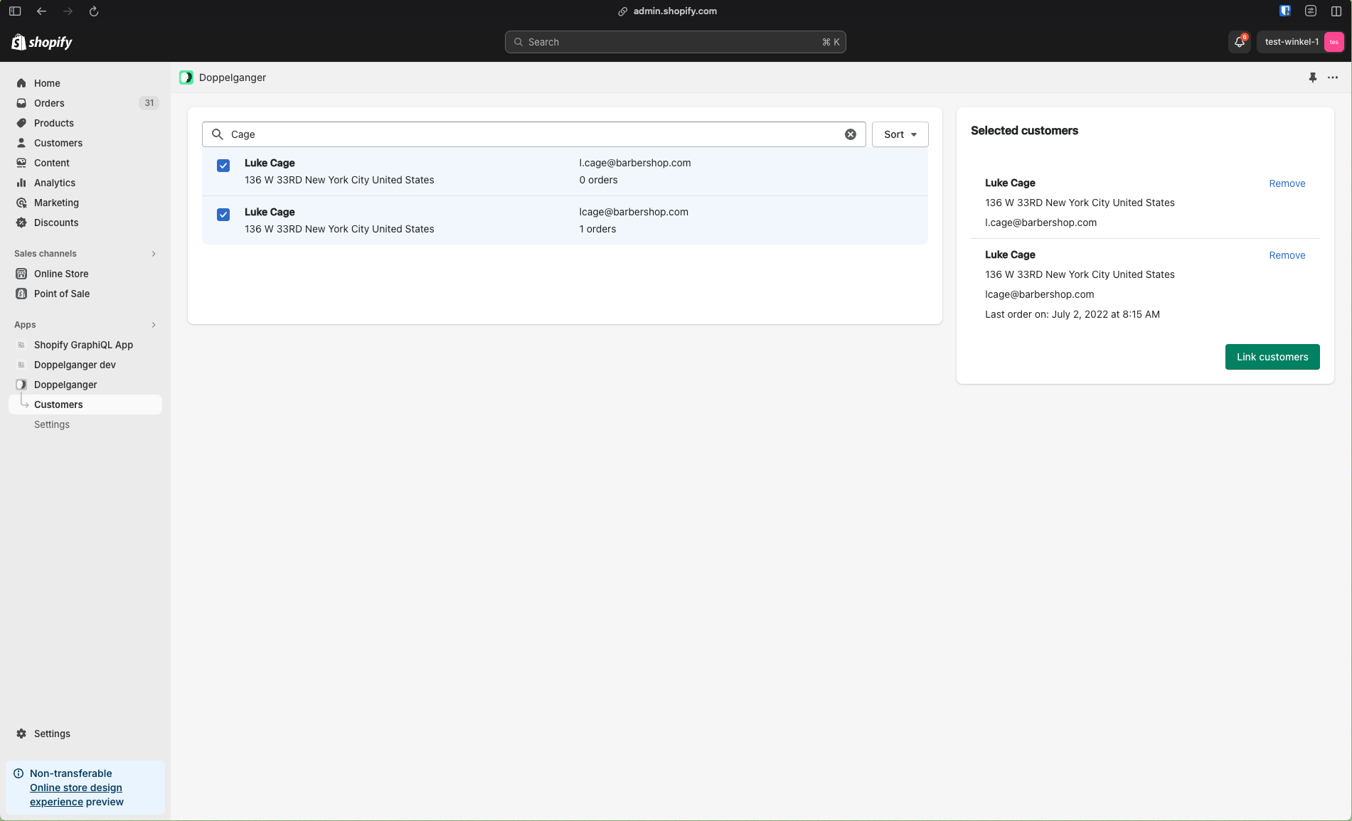 Doppelganger User Interface showing list of customer accounts and two selected items. On the right, there is an option to 'Link customers'.